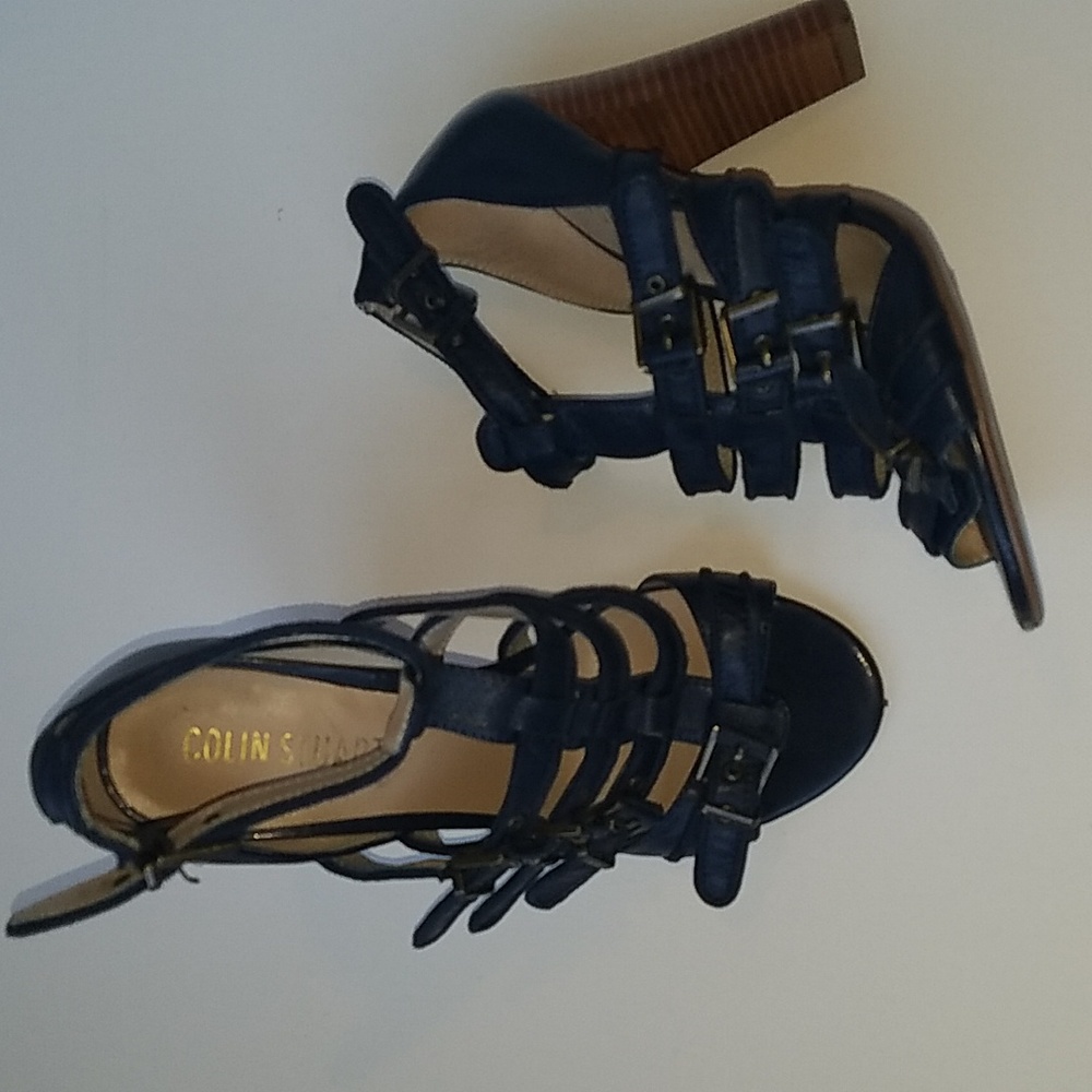 Colin Stuart Navy Strappy  Navy Genuine Leatber Wood Block 4" Heel 6